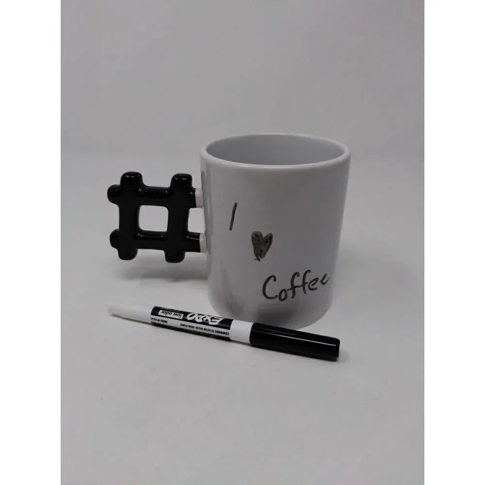 Cool Trendy Hashtag # Ceramic Mug or Cup With Dry Erase Marker Kikkerland Brand